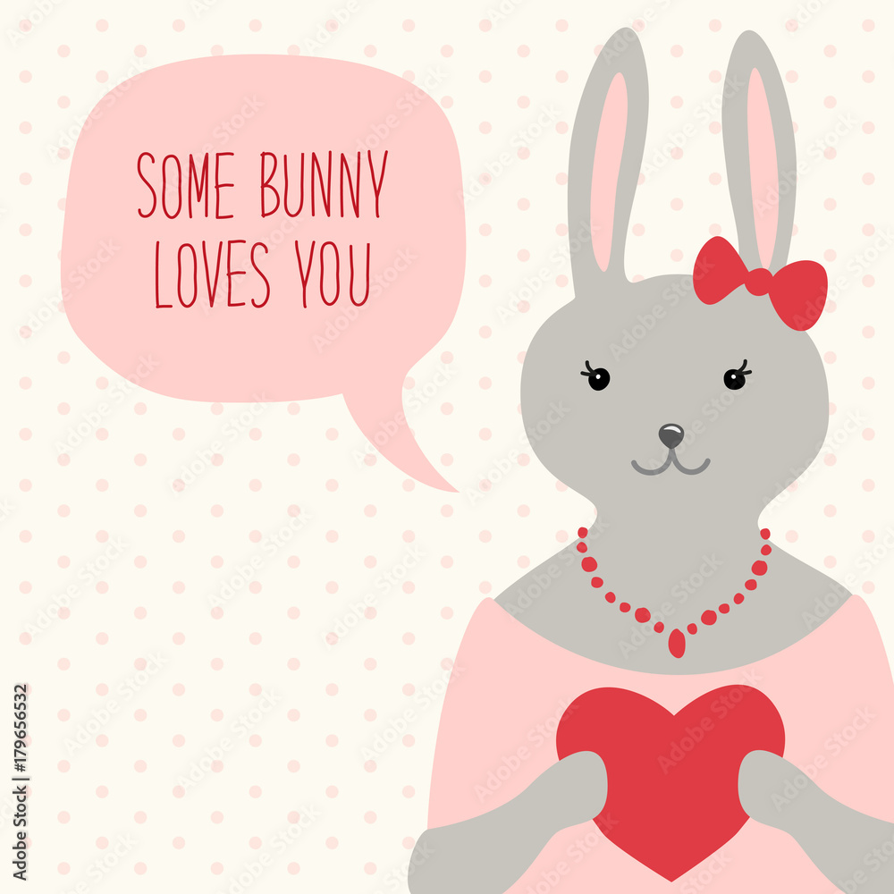 Cute retro hand drawn Valentine's Day card as funny Bunny with Heart and speech bubble Cute retro hand drawn Valentine's Day card as funny Bunny with Heart and speech bubble