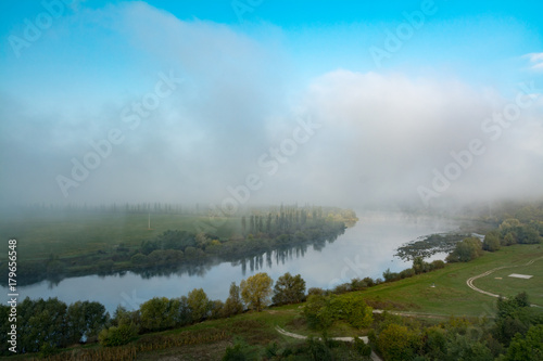 autumn, landscape, fog over the river and land