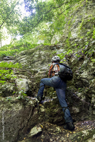 Hiker climbs in gole del torano matese park