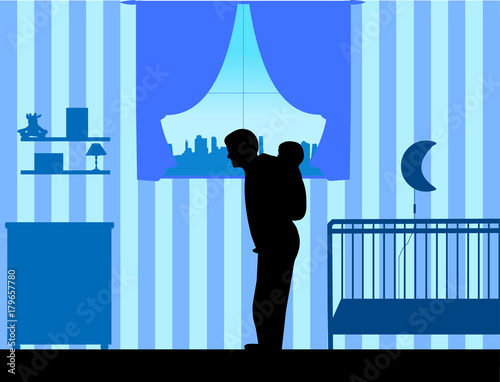 Father carrying a child piggyback in kids room, one in the series of similar images silhouette