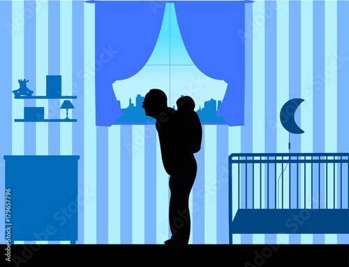 Grandfather carrying a grandchild piggyback in kids room, one in the series of similar images silhouette