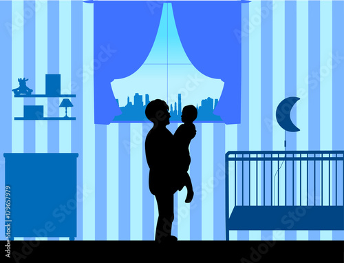 A grandmother wearing a grandson sleeping in his cot silhouette, one in the series of similar images
