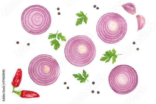 onion, garlic, hot pepper parsley and dill isolated on white background. Top view. Flat lay pattern