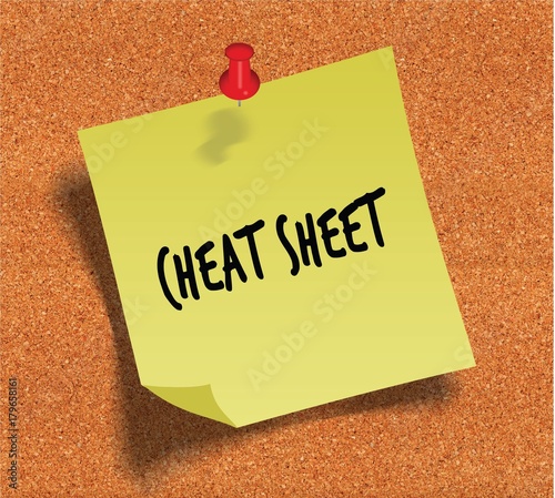 CHEAT SHEET handwritten on yellow sticky paper note over cork noticeboard background.