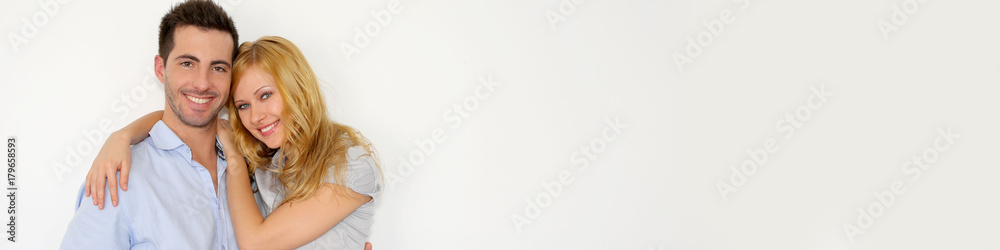 Sweet couple embracing on white background - banner template web Sweet couple embracing on white background - banner template web