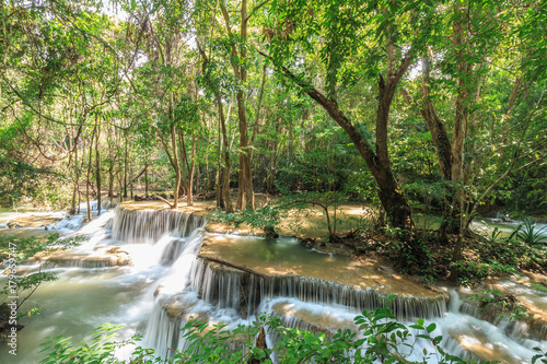 Beautiful Huai Mae Khamin waterfall in the rainy season,  Kanchanaburi Province, Thailand.