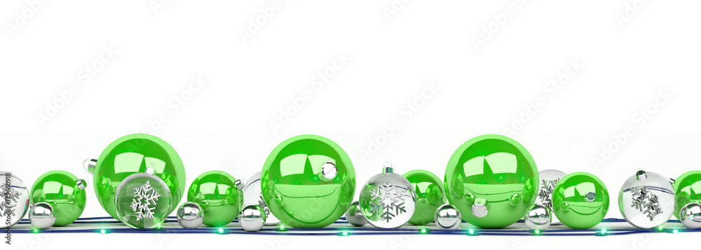 Green and white christmas baubles lined up 3D rendering Green and white christmas baubles lined up 3D rendering