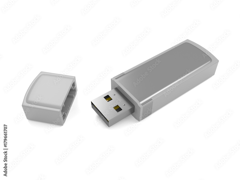 3d render isolated on white background silver flash drive. 3d render isolated on white background silver flash drive.
