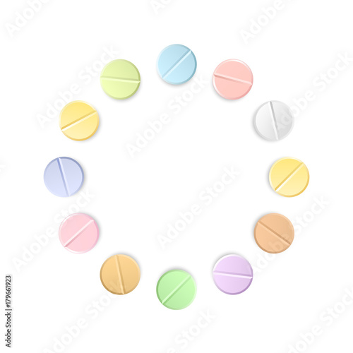 Set of twelve vector realistic pills located around isolated on transparent background. Medicines, tablets, capsules, drug of painkillers, antibiotics, vitamins.