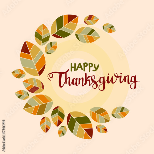 Happy thanksgiving background. Poster with colorful flat leaves
