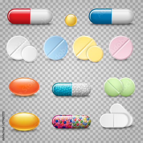 Set of vector realistic pills and capsules isolated on transparent background. Medicines, tablets, capsules, drug of painkillers, antibiotics, vitamins. Healthcare medical and vector illustration.