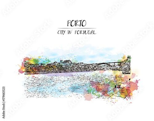 Watercolor splash with sketch of Porto, Portugal old town on the Douro River. Vector illustration.
