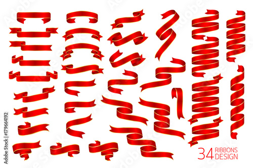 Set of red ribbon with gold strip. Gradient style. Vector illustration isolated on white background.