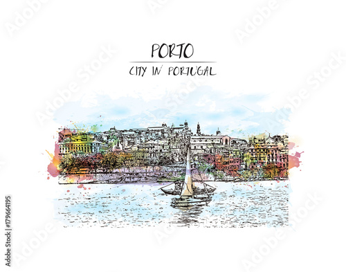 Watercolor splash with sketch of Porto, Portugal old town on the Douro River. Vector illustration.