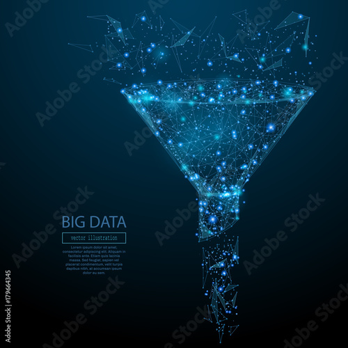 Abstract image of a funnel in the form of a starry sky or space, consisting of points, lines, and shapes in the form of planets, stars and the universe. Vector big data or sales funnel concept. photo