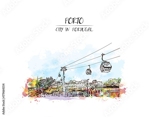 Watercolor splash with sketch of Teleferico de Gaia is a cable transport, for the purposes of tourism, Porto, Portugal. Vector illustration. 