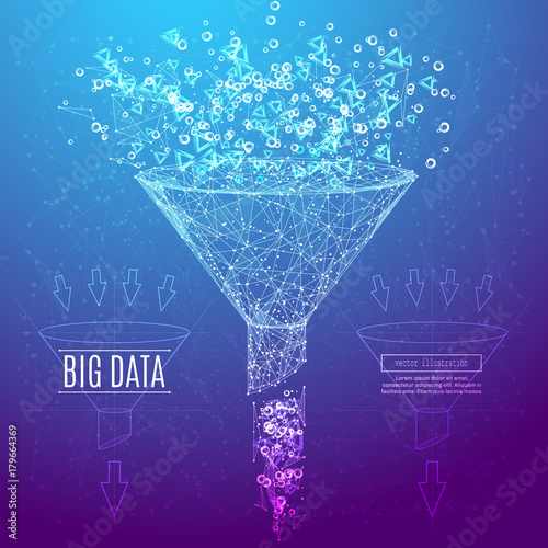 Big data or sales funnel in the form of a starry sky or space, consisting of points, lines, and shapes in the form of planets, stars and the universe. Vector business and marketing concept.