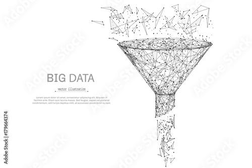 Funnel low poly wireframe isolated black on white background. Abstract mash line and point origami. Vector illustration. Big datta or sales funnel concept with geometry triangle. photo