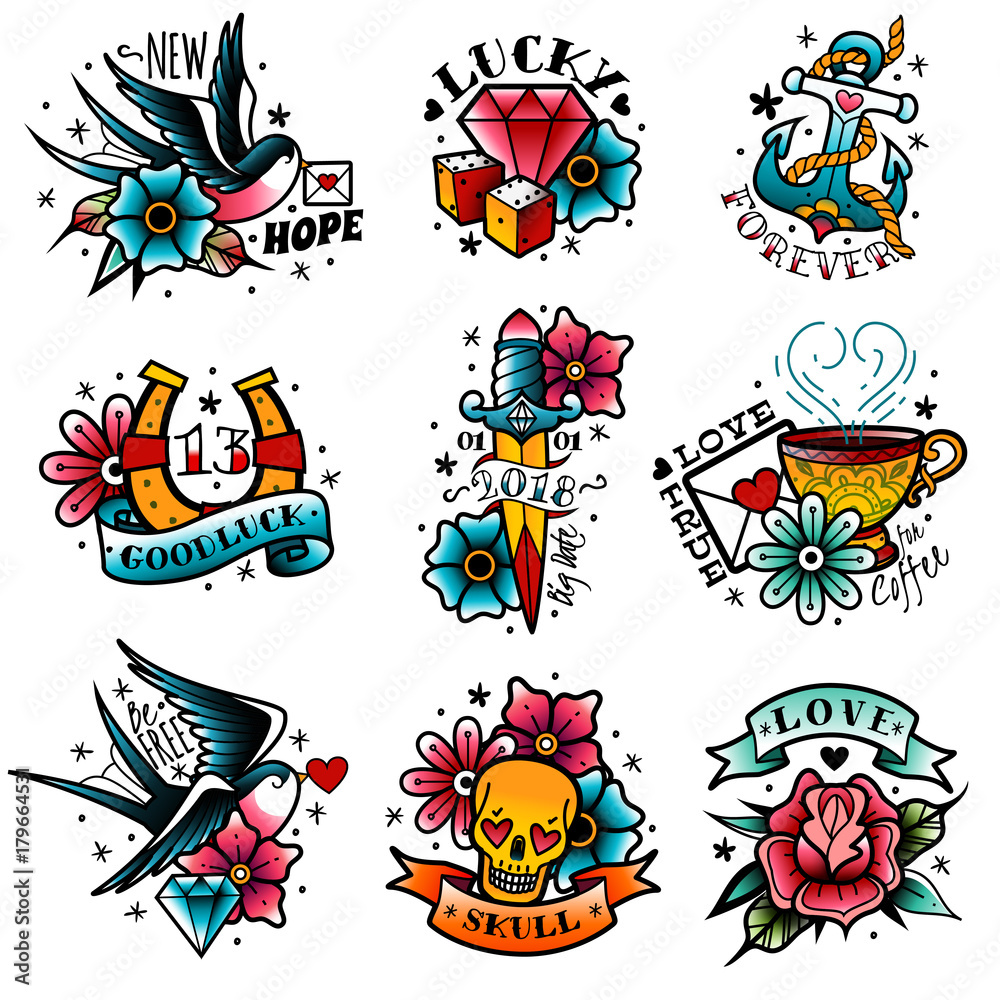 old school tattoo emblems set