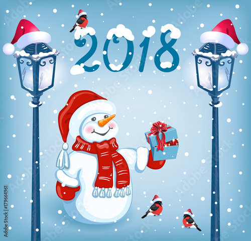 Snowman in Santa cap with gift box against snowfall background  and  lampposts