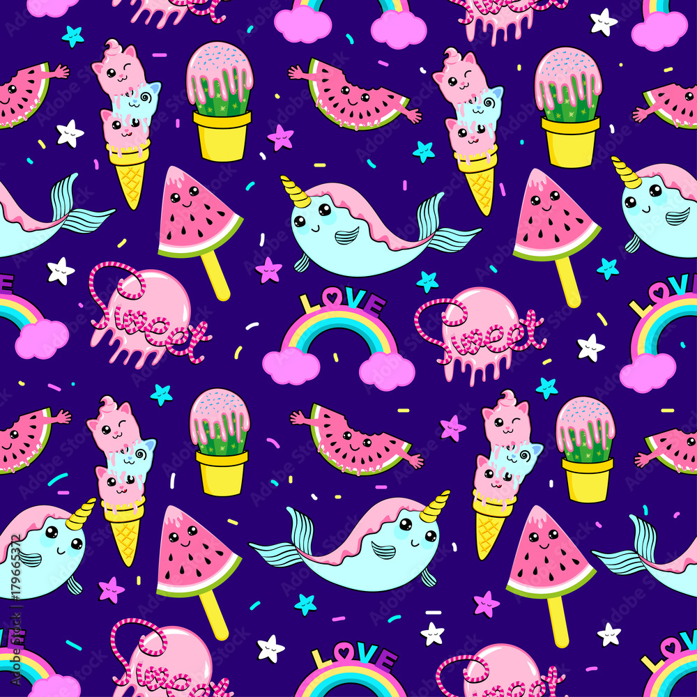 Abstract seamless ice cream pattern for girls or boys. Creative vector  background with ice cream, cute eyes, cactus, stars, rainbow. Funny  wallpaper for textile and fabric. Fashion ice cream style. Stock Vector |