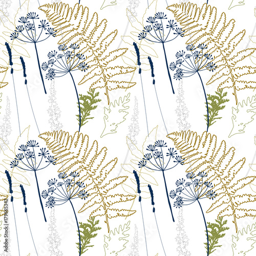 Floral vector seamless pattern with dill and lavender flowers, fern leaves an...