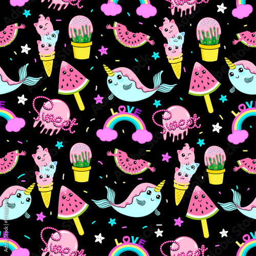 Abstract seamless ice cream pattern for girls or boys. Creative vector background with ice cream, cute eyes, cactus, stars, rainbow. Funny wallpaper for textile and fabric. Fashion ice cream style.