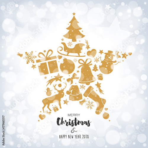 Christmas Card - Star with golden decorations on bokeh