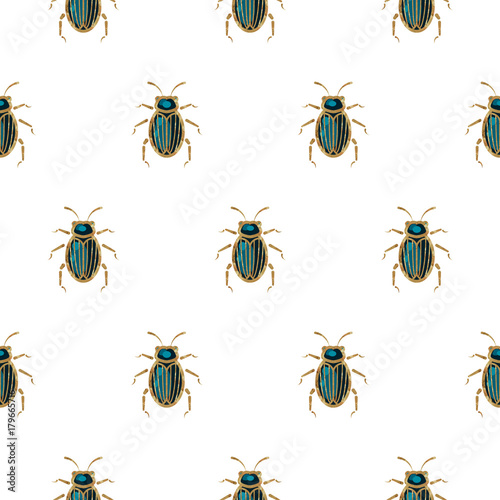 Emerald and gold beetle brooch vector seamless pattern. Elegant insect background.