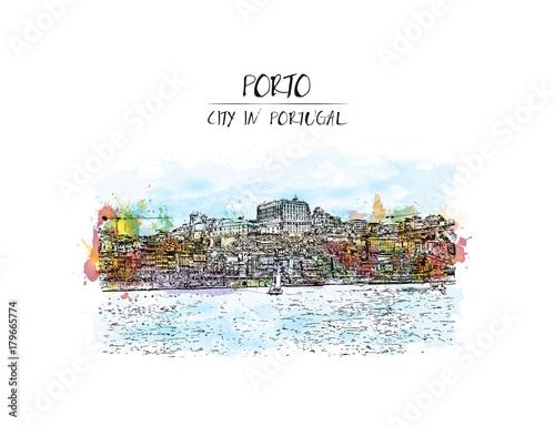 Watercolor splash with sketch of Porto, Portugal old town on the Douro River. Vector illustration.