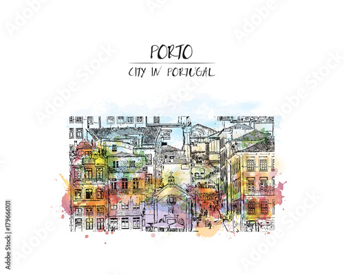 Watercolor splash with sketch of Porto, Portugal old town on the Douro River. Vector illustration.