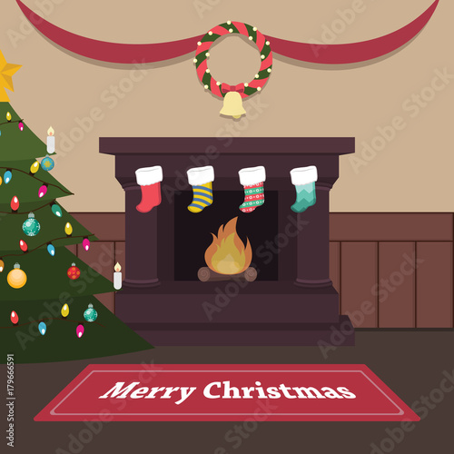 Peaceful Christmas indoor scene with fireplace and stockings
