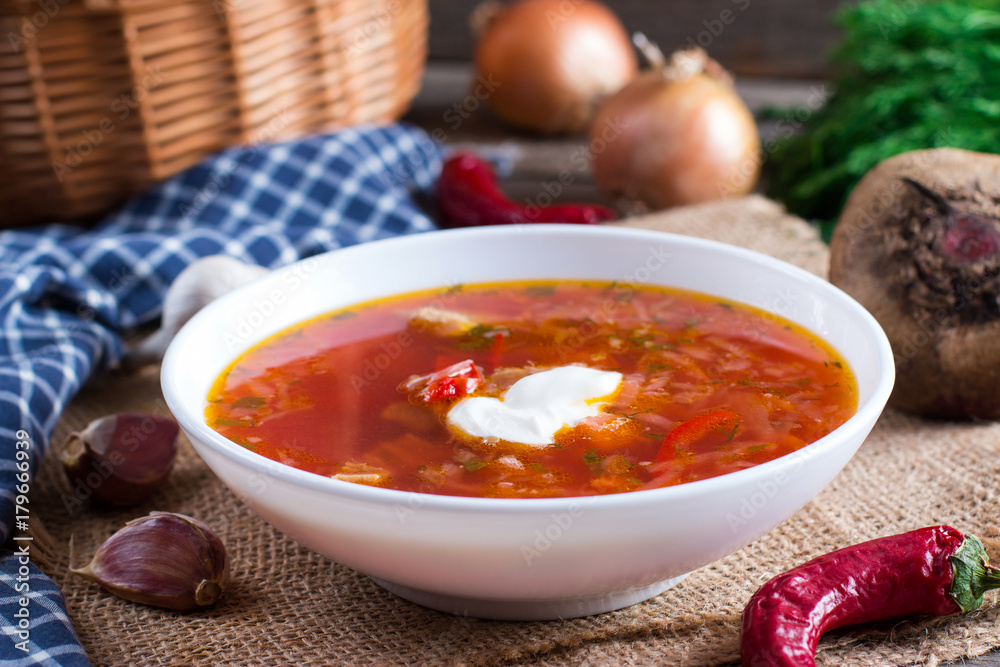 Beetroot soup Traditional Ukrainian borscht with sour cream Beetroot soup Traditional Ukrainian borscht with sour cream