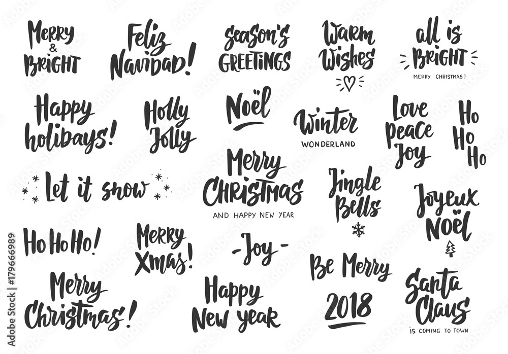 Set of holiday greeting quotes and wishes. Hand drawn text. Great for cards, gift tags and labels, photo overlays, party posters.