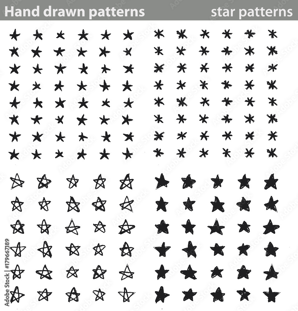 Hand drawn patterns, star patterns. Four different seamless patterns made with hand drawn stars.