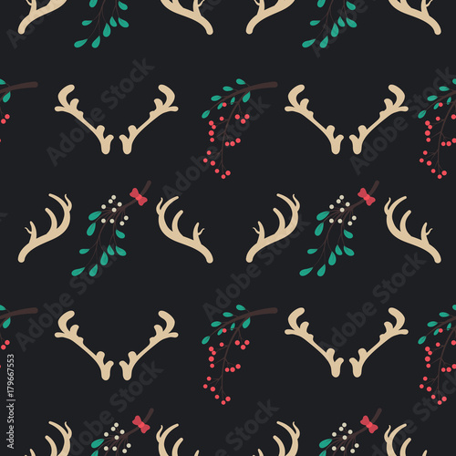 Seamless Christmas pattern with reindeer antlers and mistletoe