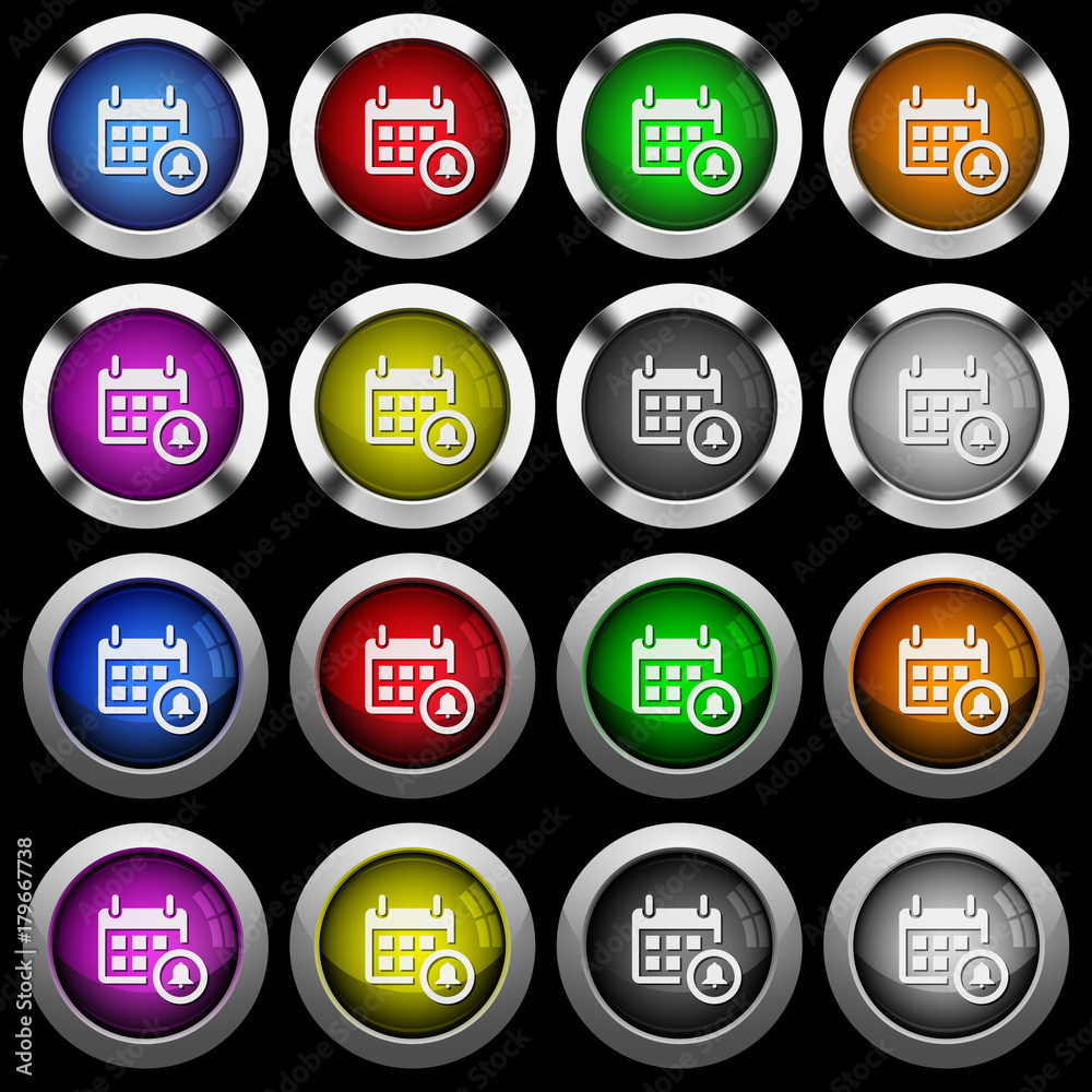 Calendar alarm white icons in round glossy buttons on black background Calendar alarm white icons in round glossy buttons on black background