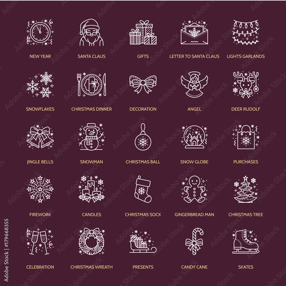 Christmas, new year flat line icons. Winter holidays - christmas tree gift, snowman, santa claus, fireworks, angel. Vector illustration, signs for celebration xmas party. Christmas, new year flat line icons. Winter holidays - christmas tree gift, snowman, santa claus, fireworks, angel. Vector illustration, signs for celebration xmas party.