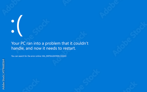 Modern blue screen of death (BSOD) error. Start of software, usb, connection devices, sleep mode and hardware problem. System Crash Report Background. Vector Illustration photo