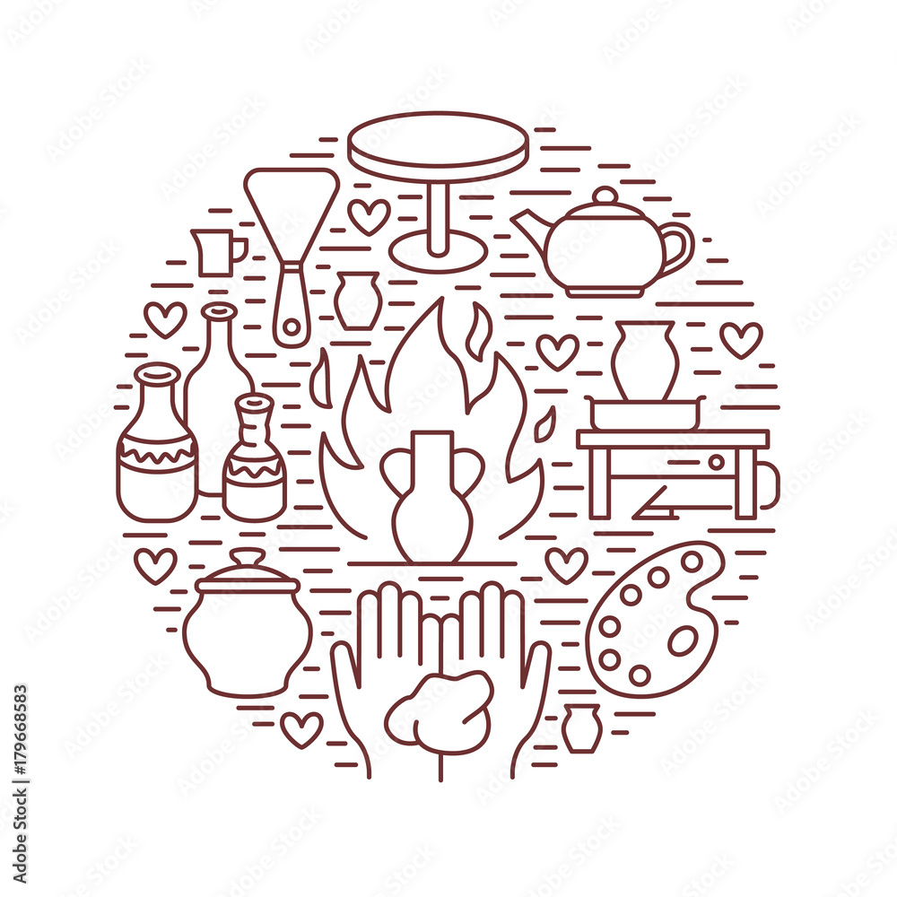 Pottery workshop, ceramics classes banner illustration. Vector line icon of clay studio tools. Hand building, sculpturing equipment. Art shop circle template. Pottery workshop, ceramics classes banner illustration. Vector line icon of clay studio tools. Hand building, sculpturing equipment. Art shop circle template.