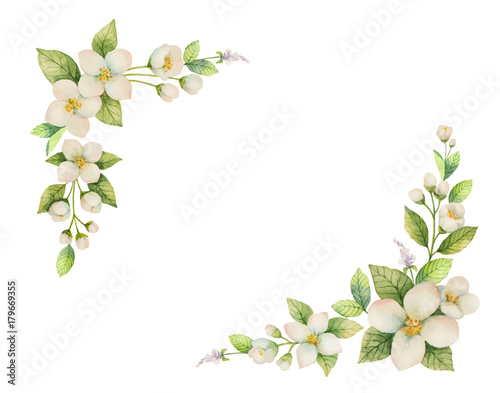 Watercolor vector frame of flowers and branches Jasmine isolated on a white background.