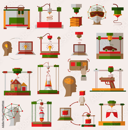 Flat icons set of 3D printing, 3D modeling
