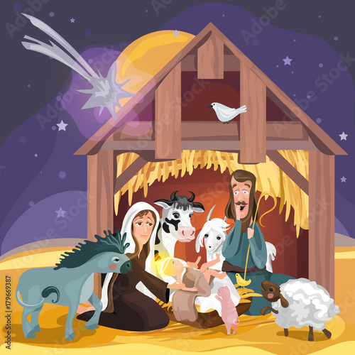 Christmas Bible Story. Christmas nativity card. Mary and Joseph looking at baby Jesus surrounded by cute baby animals and night in desert. Cartoon, flat style vector characters