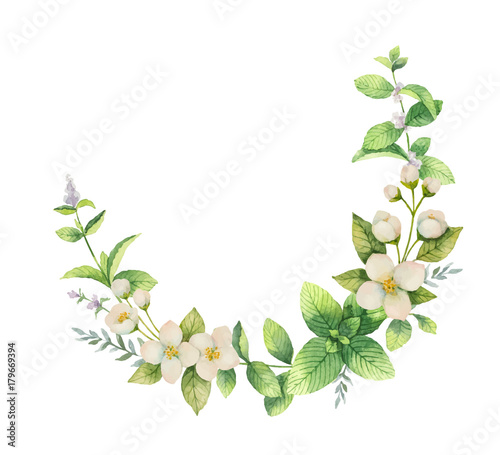 Watercolor vector wreath of flowers and branches Jasmine isolated on a white background.