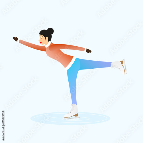 Woman is moving on ice. Female ice skater. Sports character isolated on a blue background.