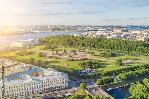 View from the drone of the Field of Mars in St. Petersburg, sunny