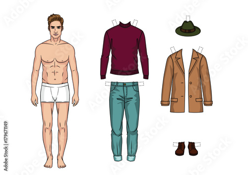 The guy in the underwear is standing in front. Paper doll of a man. Set of warm winter casual clothes for men