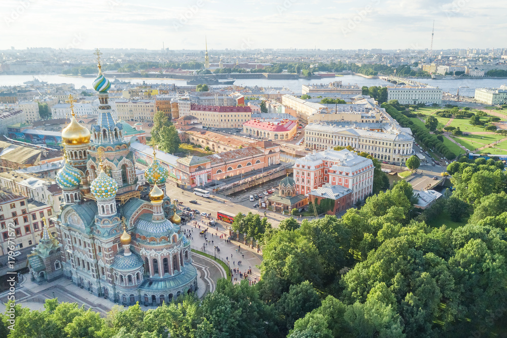 View from the drone of the Church of the Savior on Spilled Blood in Saint Petersburg, Russia