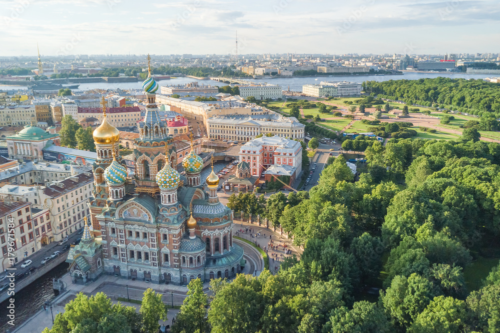 Aerial view of the Church of the Savior on Spilled Blood in Saint Petersburg, Russia