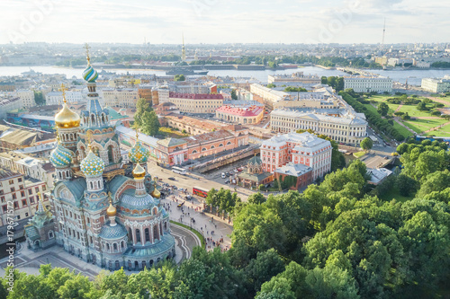 View from the drone of the Church of the Savior on Spilled Blood in Saint Petersburg, Russia